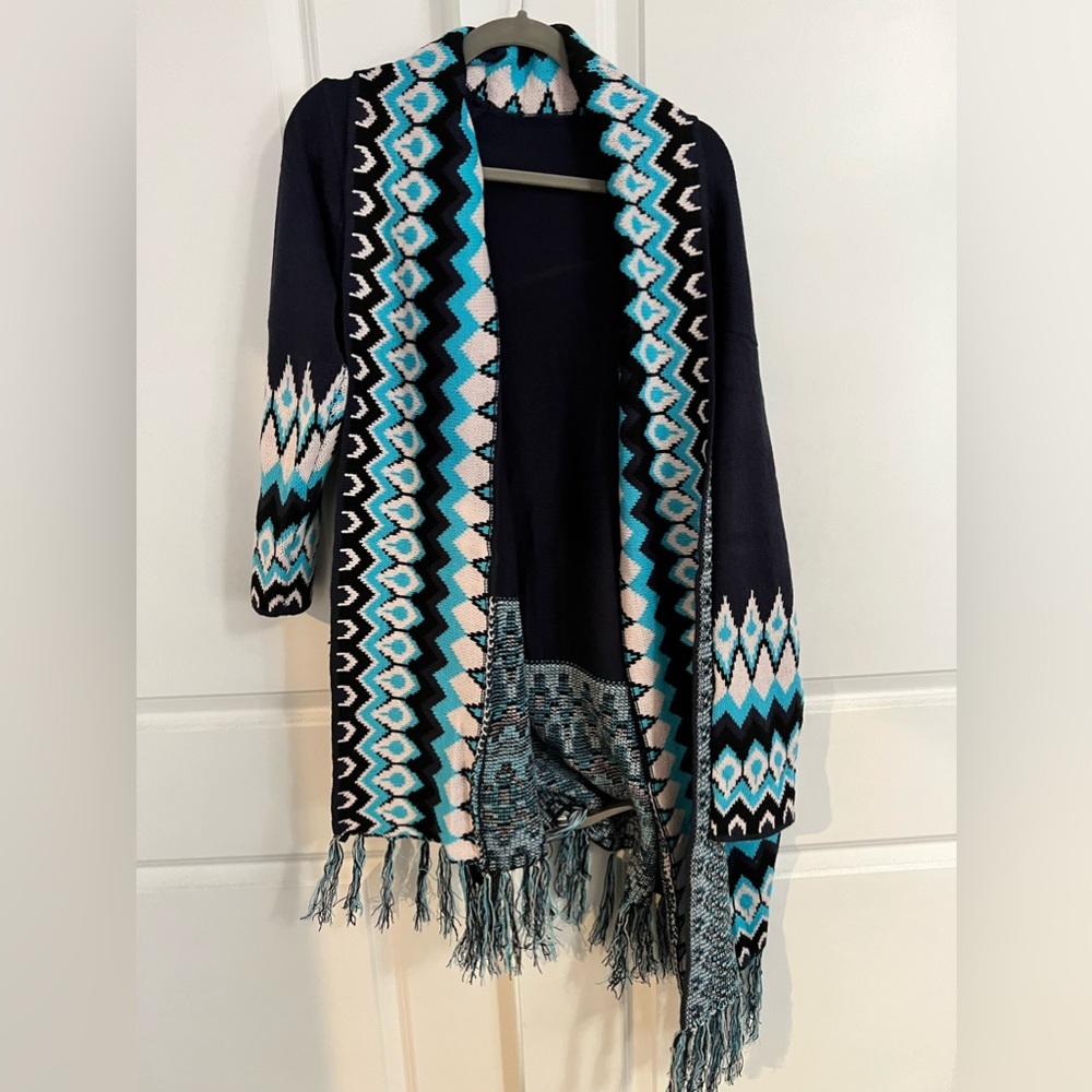 Boho Fringe Blue Poncho Sweater